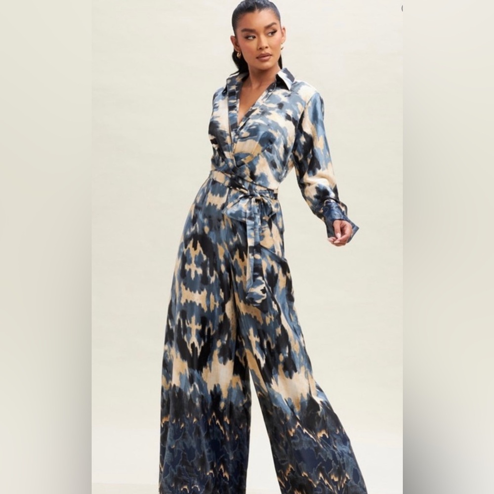 🟠 140B. Satin Abstract Print Jumpsuit - Blue Multi